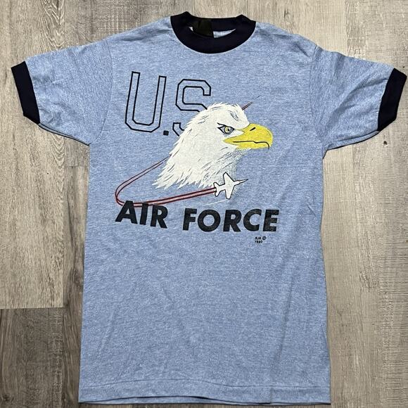 Vintage U.S. Air Force 80s Youth Large Military USAF Blue Eagle Ringer T Shirt - Picture 1 of 5